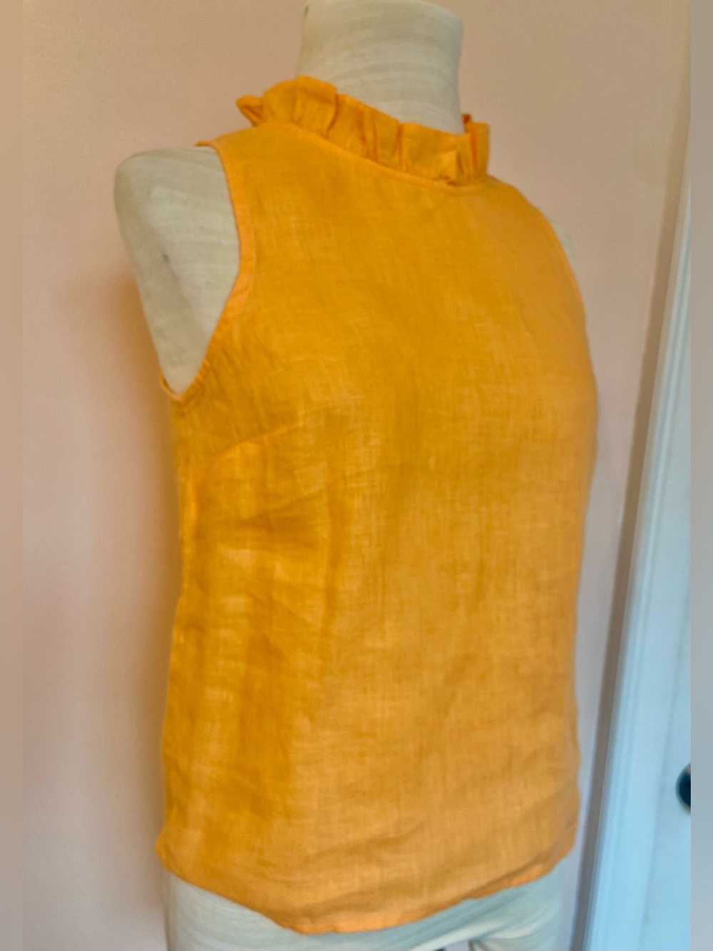 J. Crew Sleeveless Ruffle Neck Linen Top in Apricot Orange